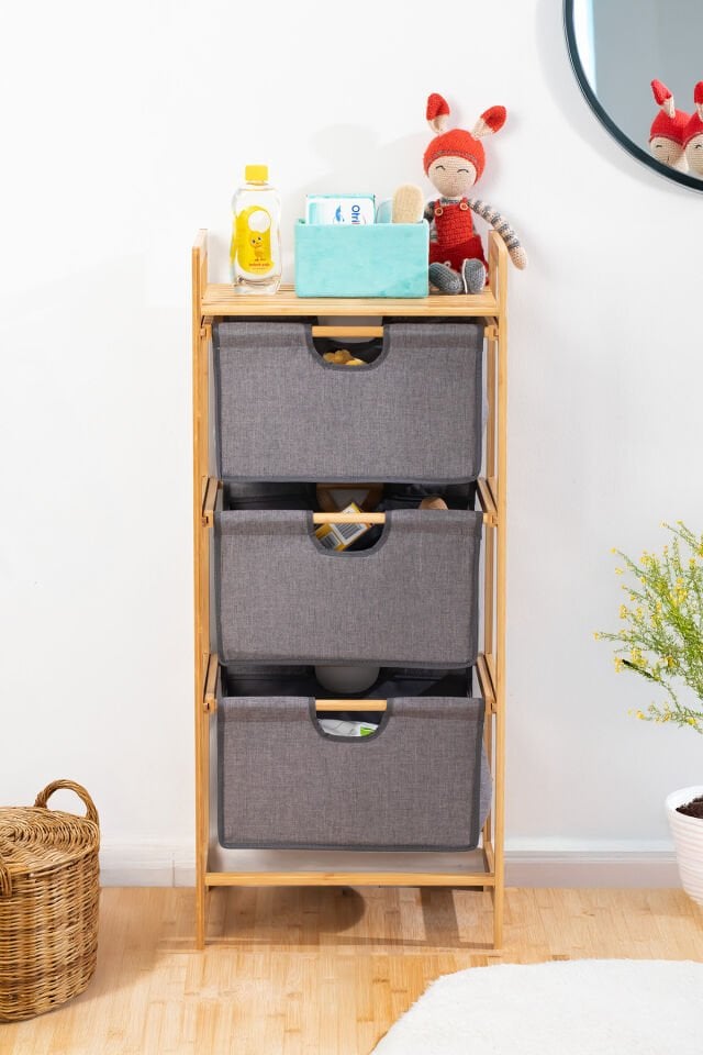 Porsima 2059 3 Katlı Çok Amaçlı Çekmeceli Organizer Dolap Ahşap Bambu Ayaklı 3 Hazneli Düzenleyici Kumaş Askılı Organizer Oyuncak Sepeti Banyo Mutfak Düzenleyicisi