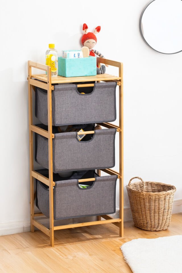 Porsima 2059 3 Katlı Çok Amaçlı Çekmeceli Organizer Dolap Ahşap Bambu Ayaklı 3 Hazneli Düzenleyici Kumaş Askılı Organizer Oyuncak Sepeti Banyo Mutfak Düzenleyicisi