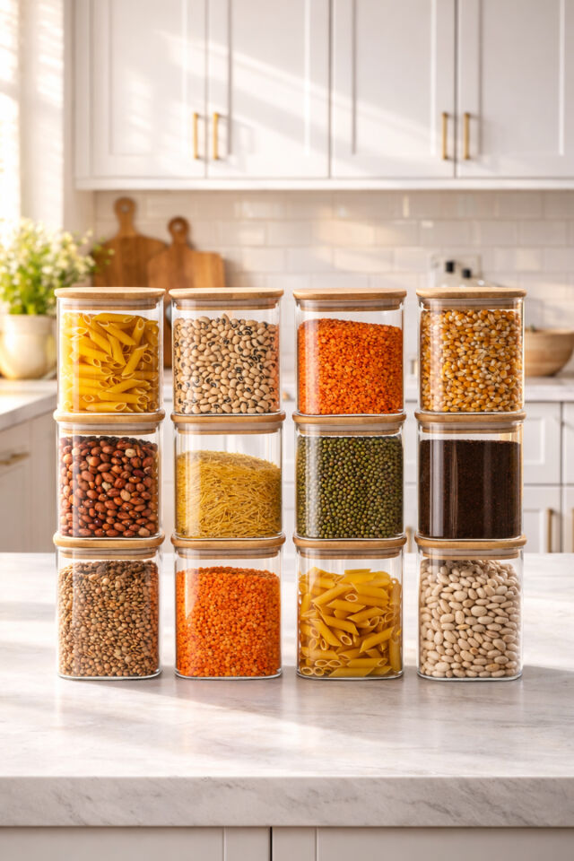 Porsima 5-4 Bambu Vakumlu Kapaklı Kare Borosilikat Cam 12li Kavanoz Seti Saklama Kabı 750ml 7,5x15cm