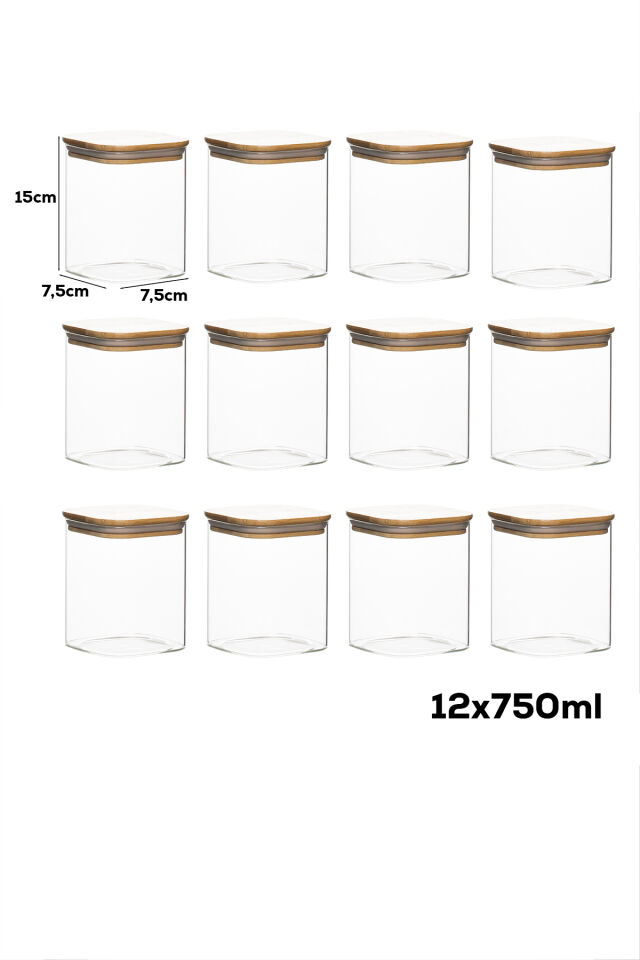 Porsima 5-4 Bambu Vakumlu Kapaklı Kare Borosilikat Cam 12li Kavanoz Seti Saklama Kabı 750ml 7,5x15cm