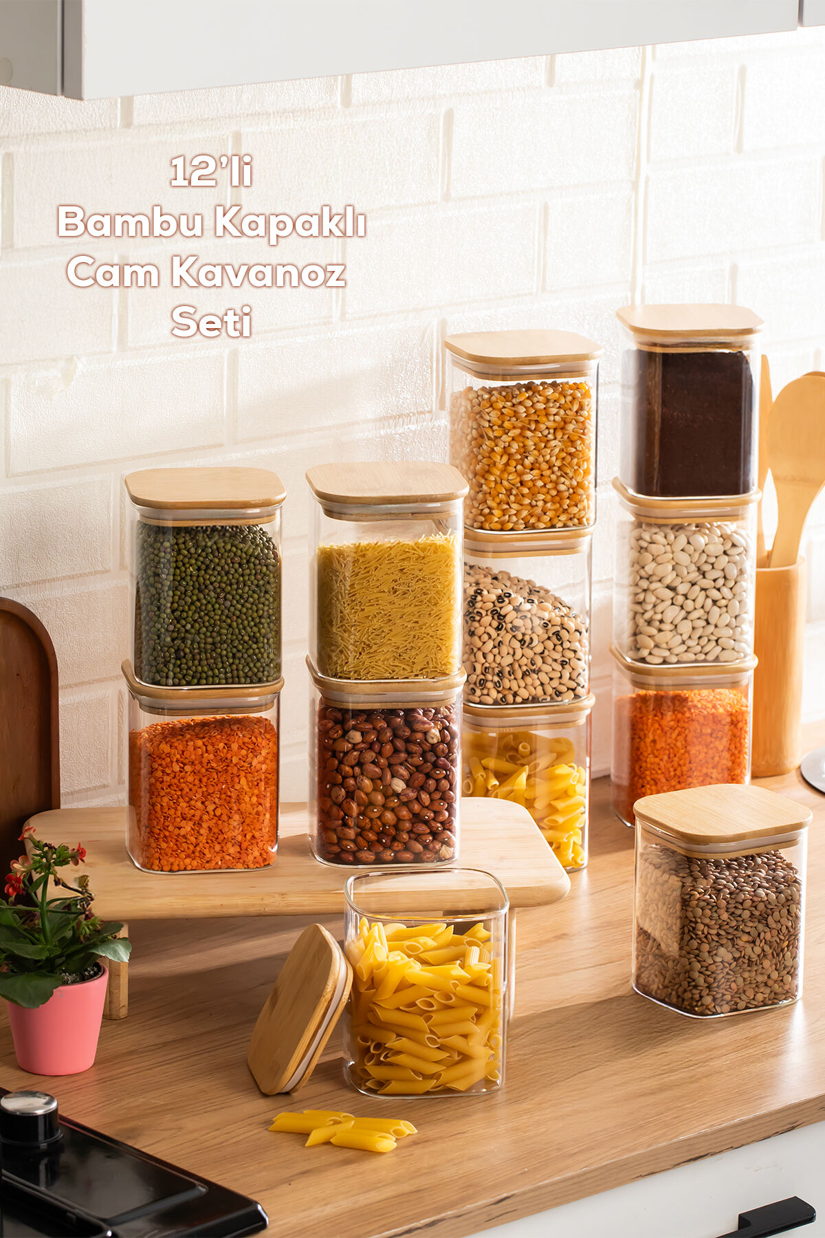 Porsima 5-4 Bambu Vakumlu Kapaklı Kare Borosilikat Cam 12li Kavanoz Seti Saklama Kabı 750ml 7,5x15cm