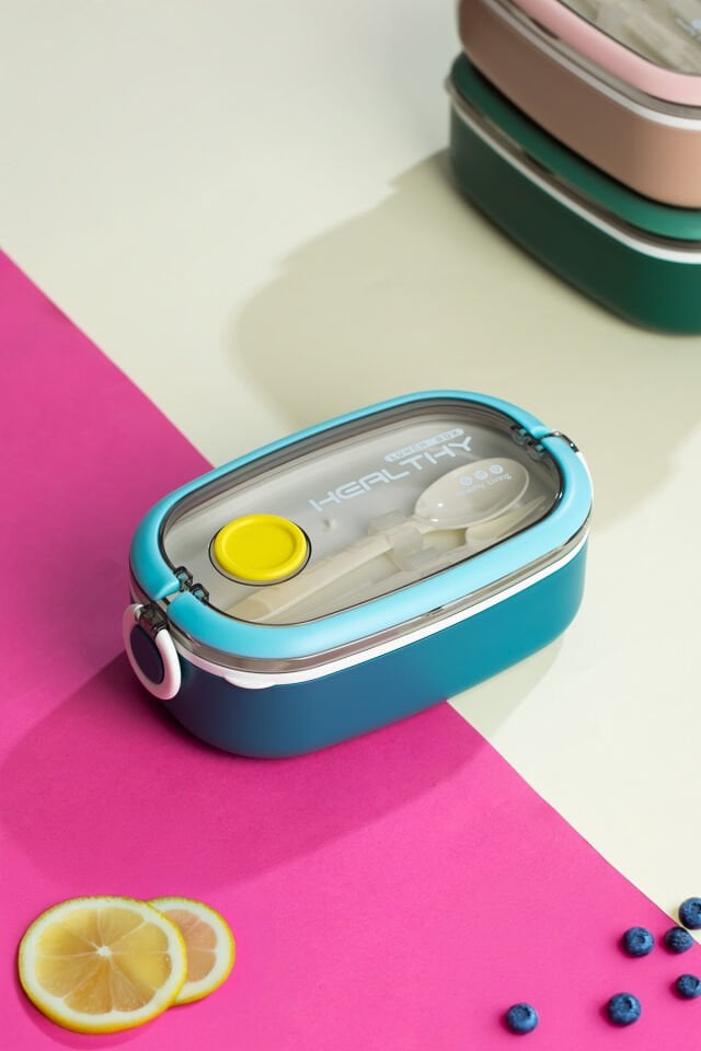 Porsima 3114-1 Vakumlu Lunch Box Yemek Termosu Kolay Kilitlenir Kendinden Kaşıklı Sefer Tası – 750 ml Mavi