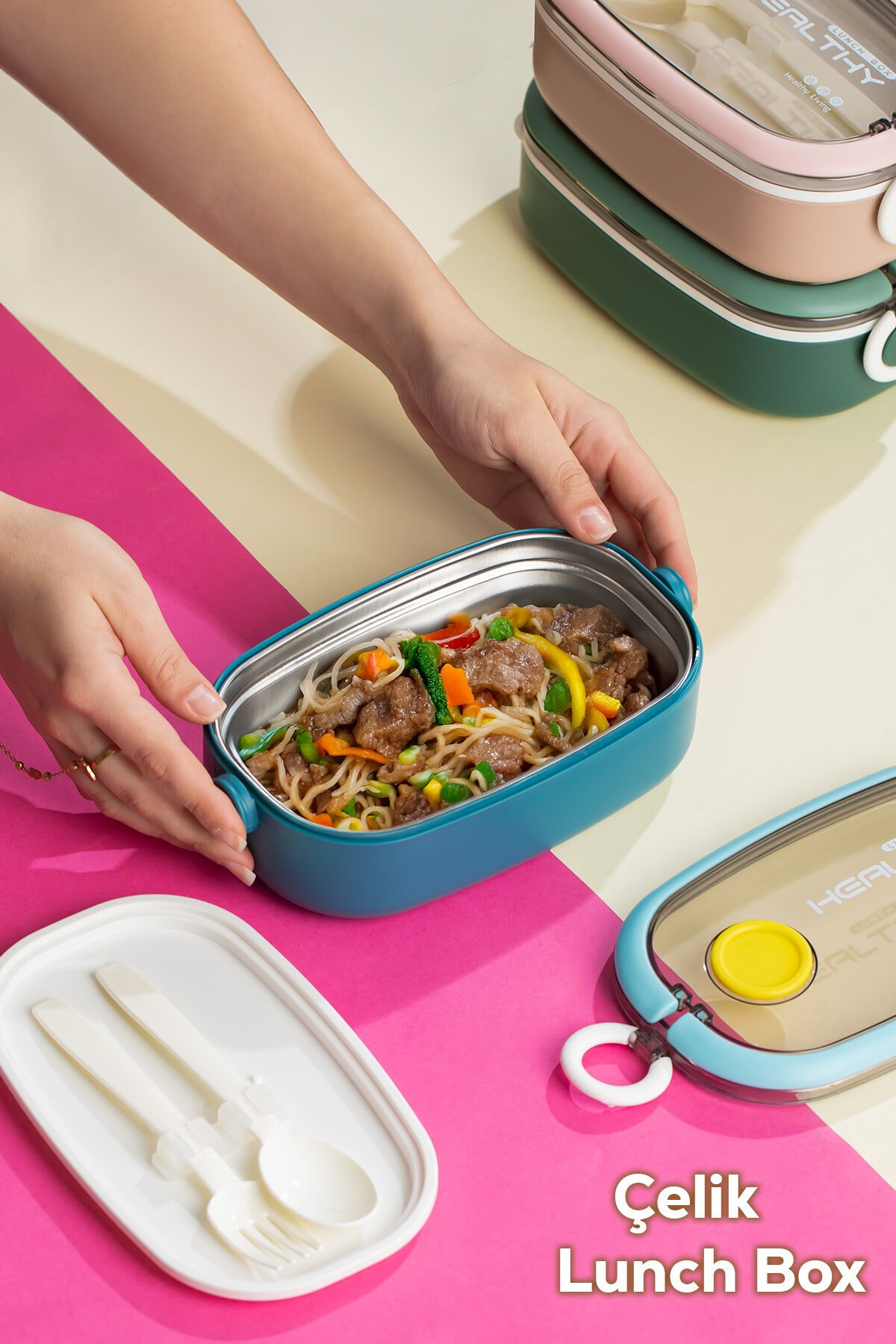 Porsima 3114-1 Vakumlu Lunch Box Yemek Termosu Kolay Kilitlenir Kendinden Kaşıklı Sefer Tası – 750 ml Mavi