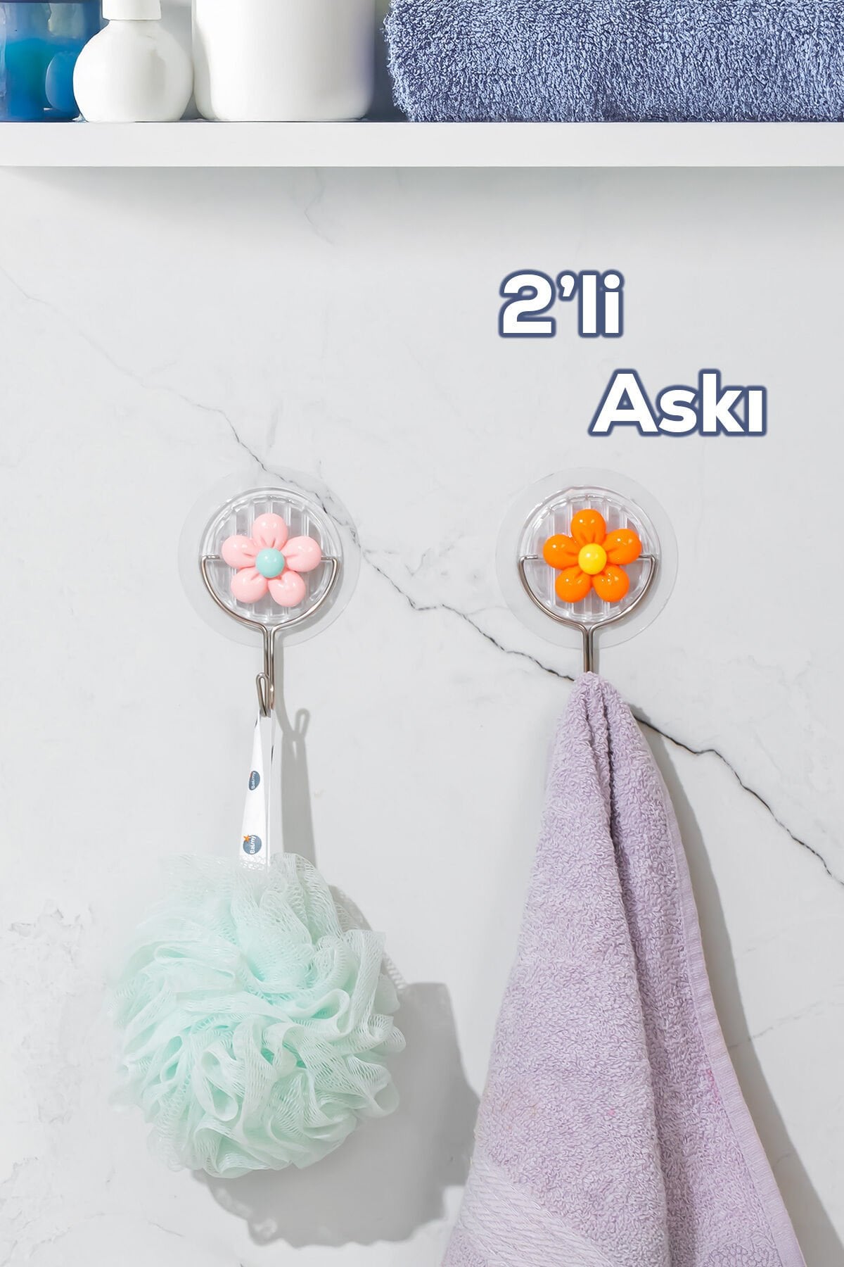 Porsima 084 2 Adet Tekli Papatya Desenli Dekoratif Yapışkanlı Banyo Mutfak Elbise Askılığı Havlu Askılığı