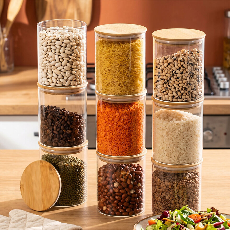 Porsima 1-3 Bambu Vakumlu Kapaklı Yuvarlak Borosilikat Cam 9lu Kavanoz Seti Saklama Kabı 750ml 10x12cm