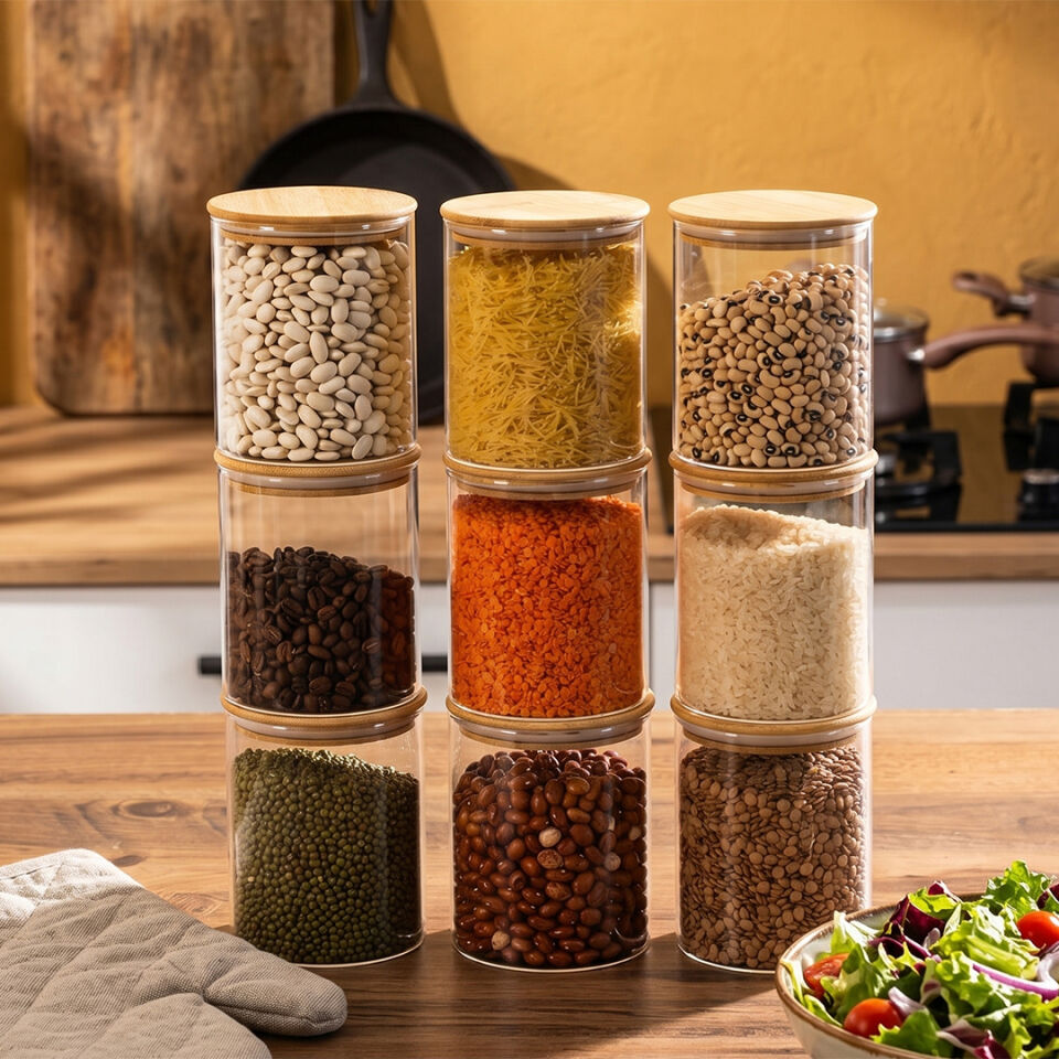 Porsima 1-3 Bambu Vakumlu Kapaklı Yuvarlak Borosilikat Cam 9lu Kavanoz Seti Saklama Kabı 750ml 10x12cm