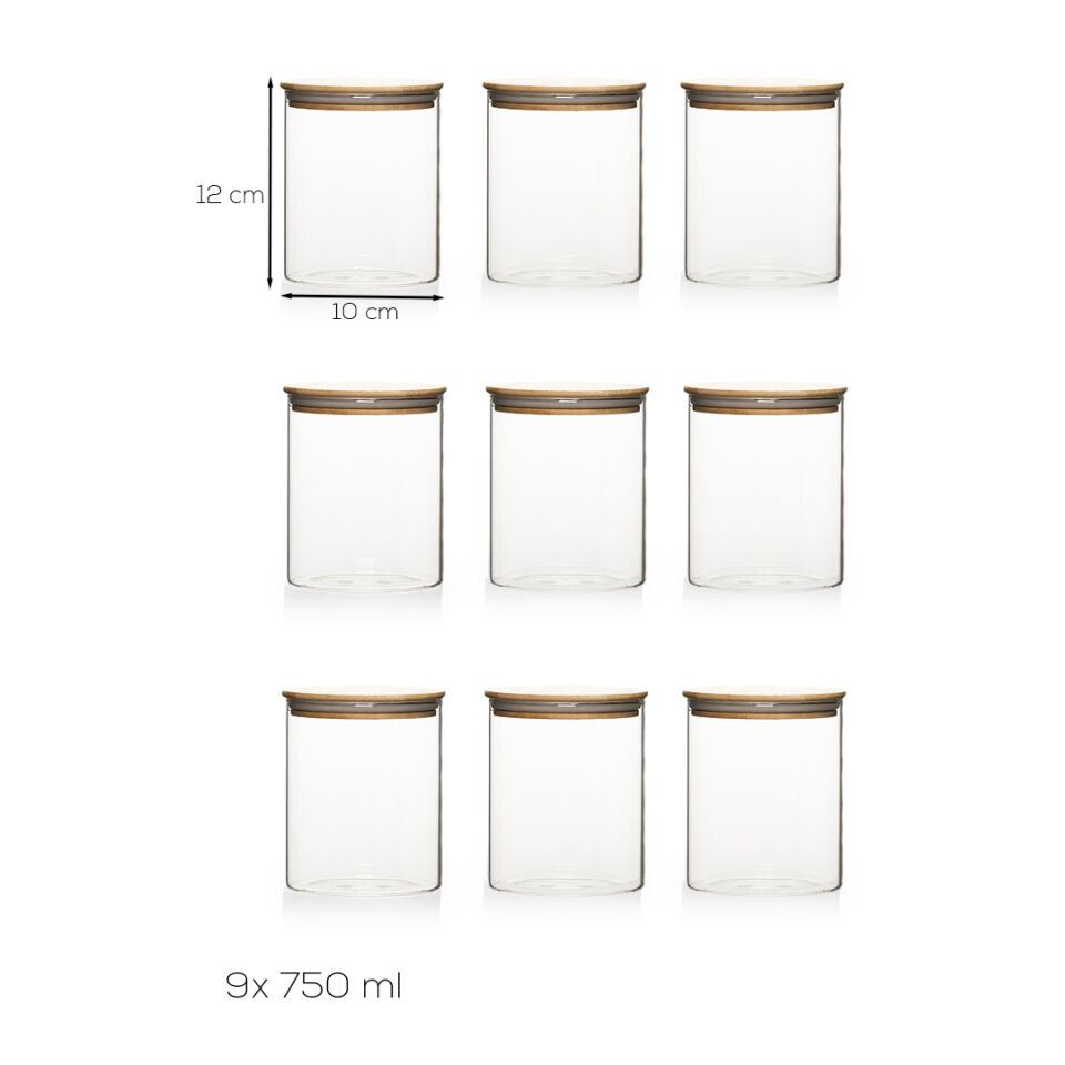 Porsima 1-3 Bambu Vakumlu Kapaklı Yuvarlak Borosilikat Cam 9lu Kavanoz Seti Saklama Kabı 750ml 10x12cm