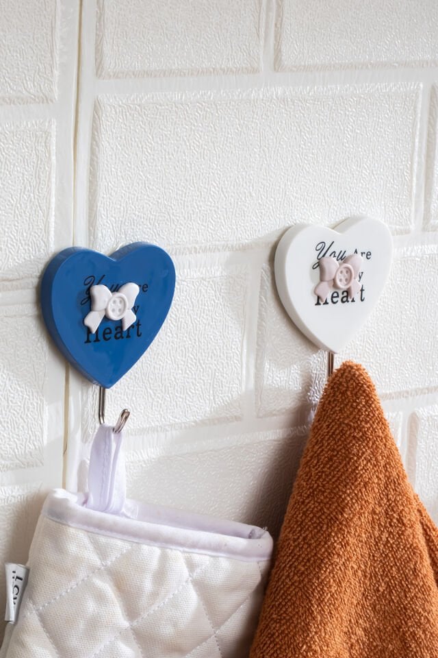 Porsima 088 2 Adet Tekli Kalp Desenli Dekoratif Yapışkanlı Banyo Mutfak Elbise Askılığı Havlu Askılığı