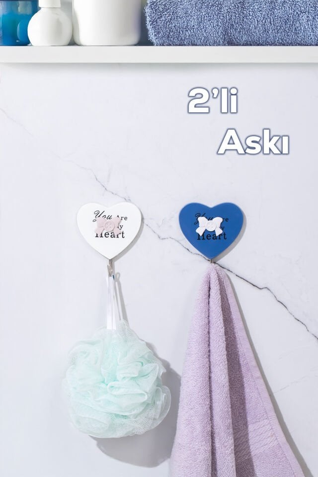 Porsima 088 2 Adet Tekli Kalp Desenli Dekoratif Yapışkanlı Banyo Mutfak Elbise Askılığı Havlu Askılığı