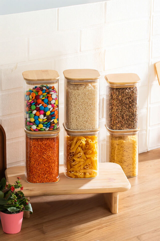 Porsima 6-3 Bambu Vakumlu Kapaklı Kare Borsilikat Cam 6lı Kavanoz Seti Saklama Kabı 1250ml 9,5x15cm