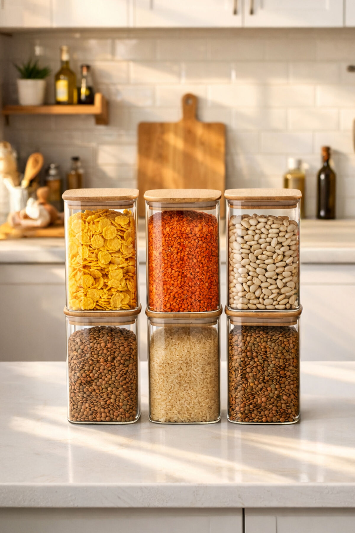 Porsima 6-3 Bambu Vakumlu Kapaklı Kare Borsilikat Cam 6lı Kavanoz Seti Saklama Kabı 1250ml 9,5x15cm