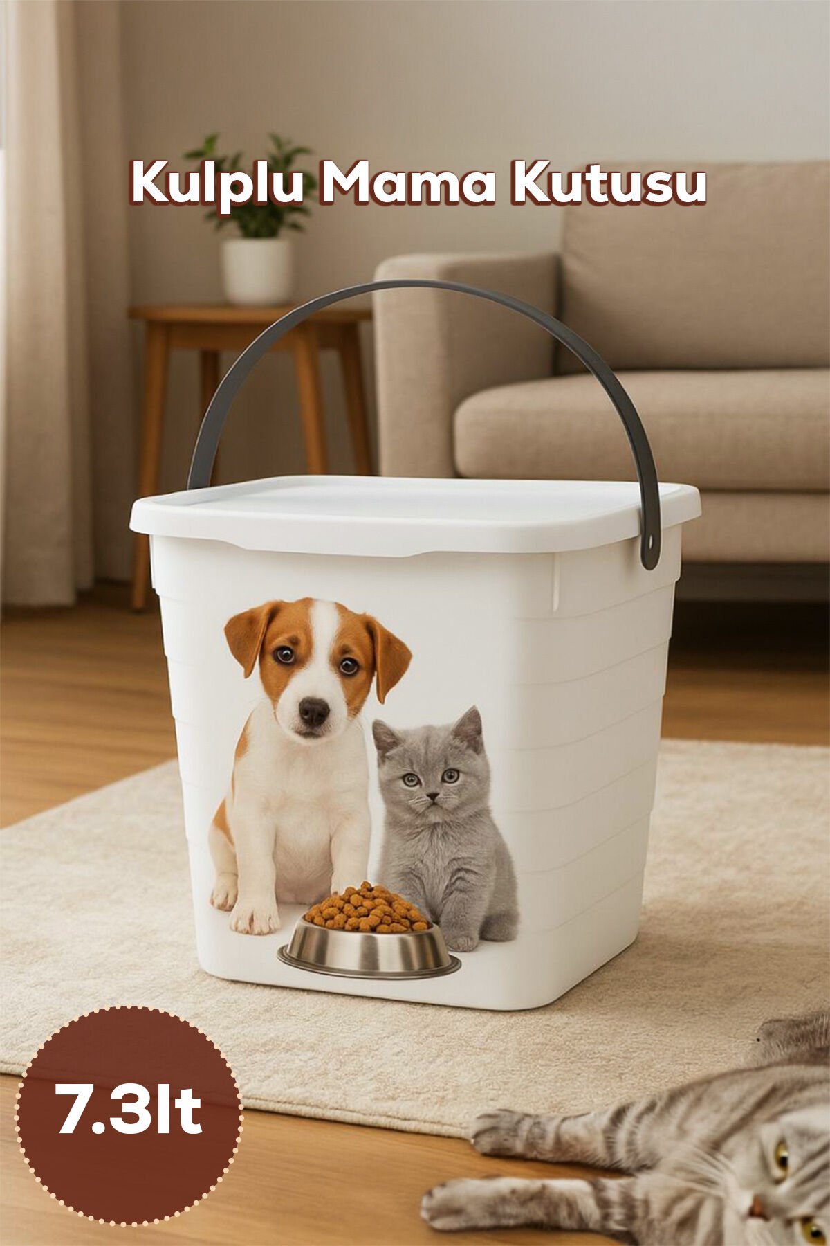 Porsima Kendinden Etiketli Çok Amaçlı Kedi Köpek Mama Kovası Kapaklı Saklama Kutusu Kabı 7,3lt