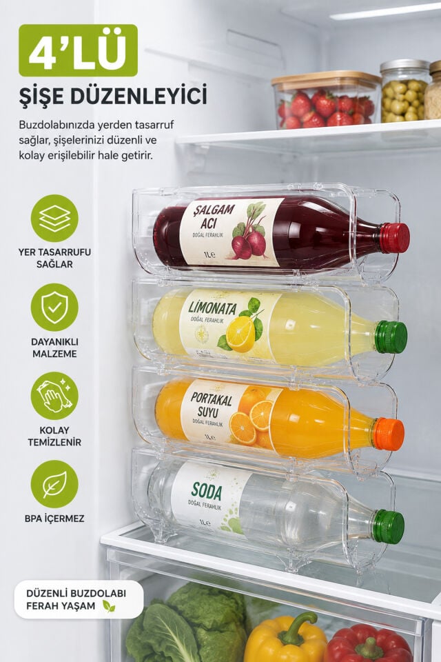 Porsima L-00608 Dolap içi Şişe Organizeri Kat Kat İstiflenebilir Buzdolabi Düzenleyici Seti 4 Adet