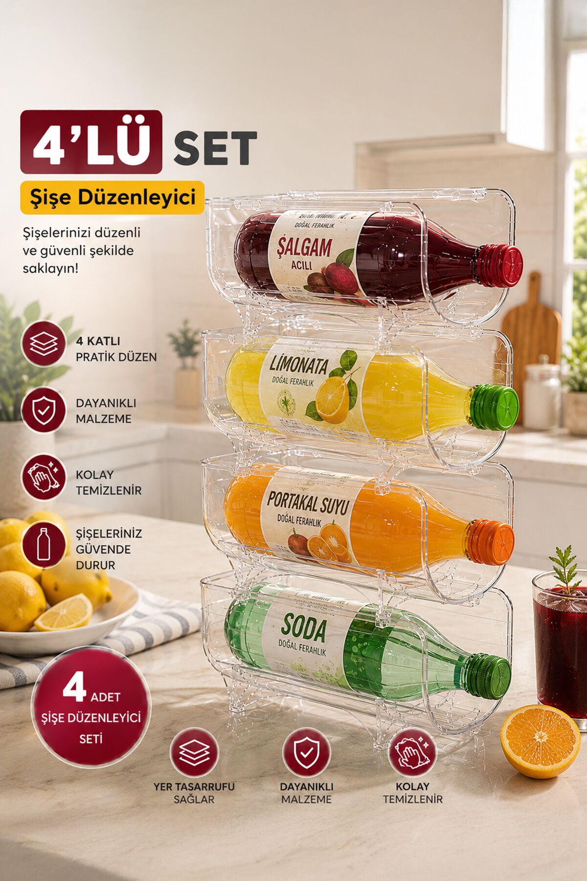 Porsima L-00608 Dolap içi Şişe Organizeri Kat Kat İstiflenebilir Buzdolabi Düzenleyici Seti 4 Adet