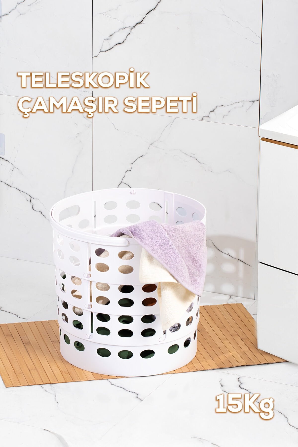 Porsima 25100 Teleskopik Katlanır Sepet Katlanabilir Çamaşır Sepeti Orta Boy Katlanır Çamaşır Sepeti Beyaz 15lt Beyaz