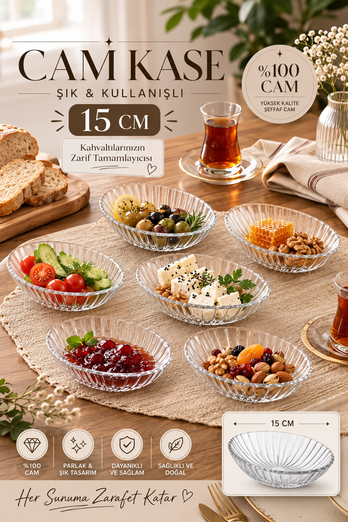 Porsima Suga 4472 6'lı Oval Cam Kase Seti 15 cm – Çerezlik, Reçellik, Kahvaltılık ve Sosluk