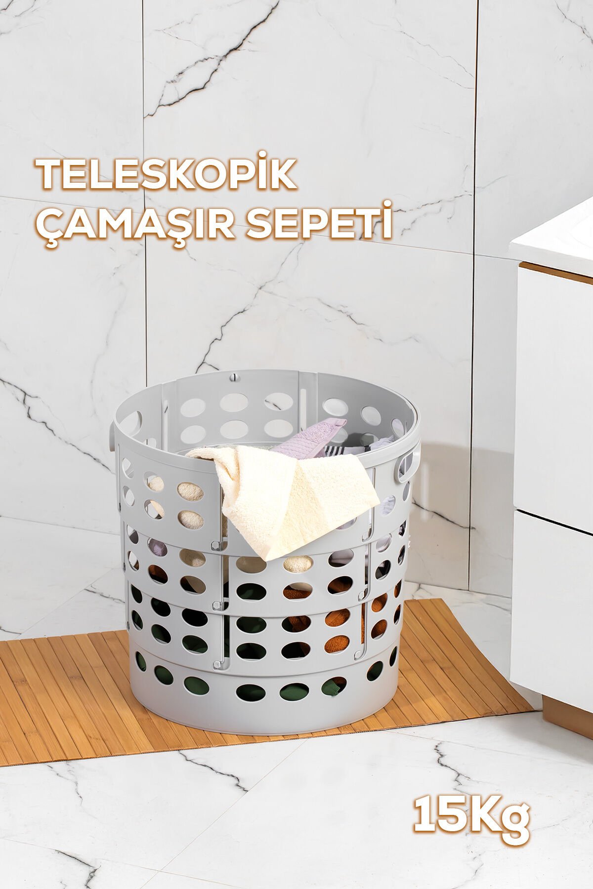 Porsima 25100-1 Teleskopik Katlanır Sepet Katlanabilir Çamaşır Sepeti Orta Boy Katlanır Çamaşır Sepeti Gri 15lt Gri
