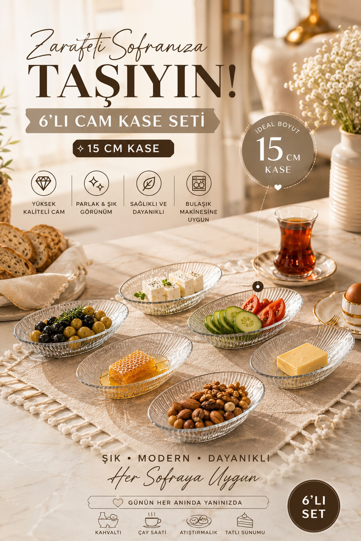 Porsima Viko 4473 6'lı Oval Cam Kase Seti 15 cm – Çerezlik, Reçellik, Kahvaltılık ve Sosluk