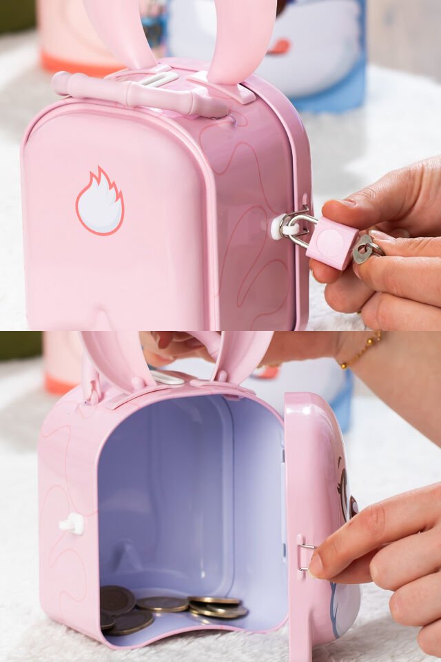 Porsima 042 Metal Anahtarlı Kilitli Tavşan Kumbara Pembe 11,5x19cm