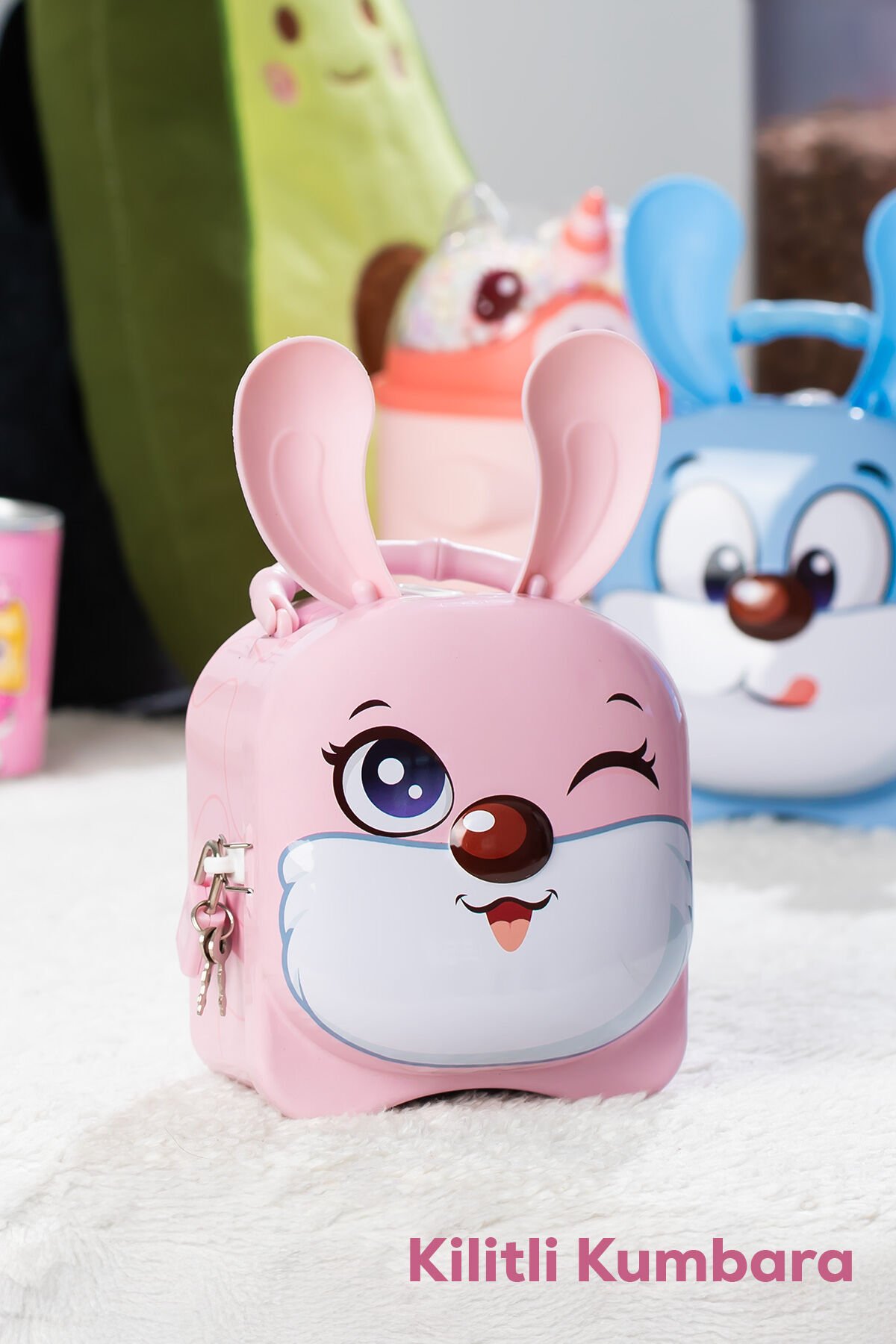 Porsima 042 Metal Anahtarlı Kilitli Tavşan Kumbara Pembe 11,5x19cm