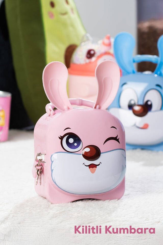 Porsima 042 Metal Anahtarlı Kilitli Tavşan Kumbara Pembe 11,5x19cm