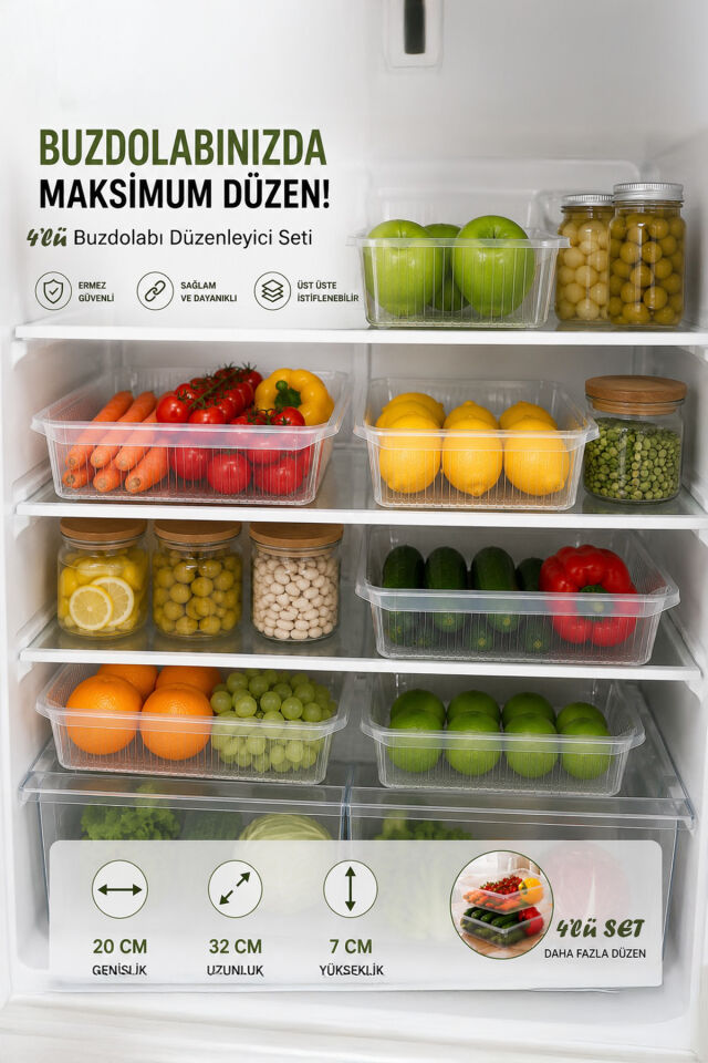Porsima 4477 4'lü Şeffaf Buzdolabı ve Dolap İçi Düzenleyici Organizer Seti 4 LT – 20x32x7 cm