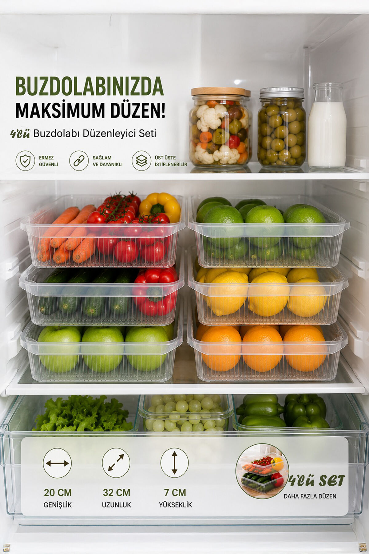 Porsima 4477 4'lü Şeffaf Buzdolabı ve Dolap İçi Düzenleyici Organizer Seti 4 LT – 20x32x7 cm