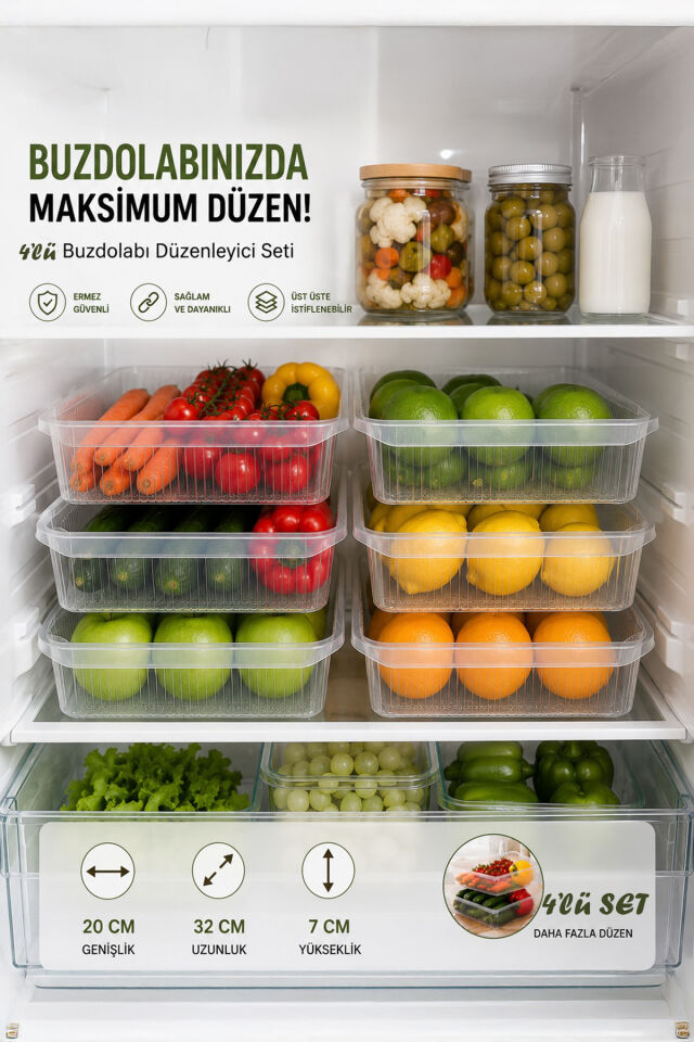 Porsima 4477 4'lü Şeffaf Buzdolabı ve Dolap İçi Düzenleyici Organizer Seti 4 LT – 20x32x7 cm