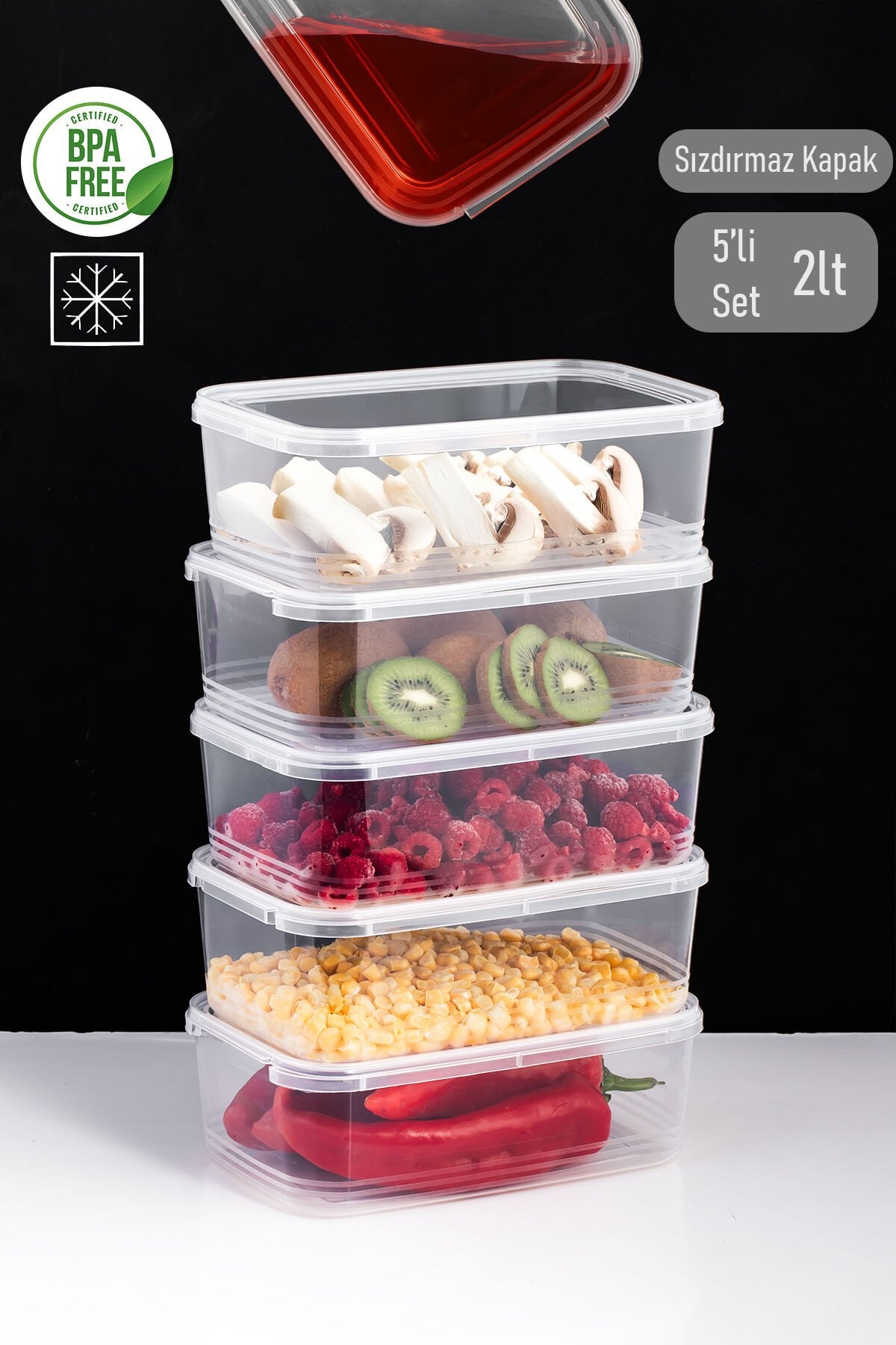 Porsima 4302 5'li Buzluk Düzenleyici Saklama Kabı Kendinden Kapaklı Derin Dondurucu Saklama Kabı 2Lt Şeffaf