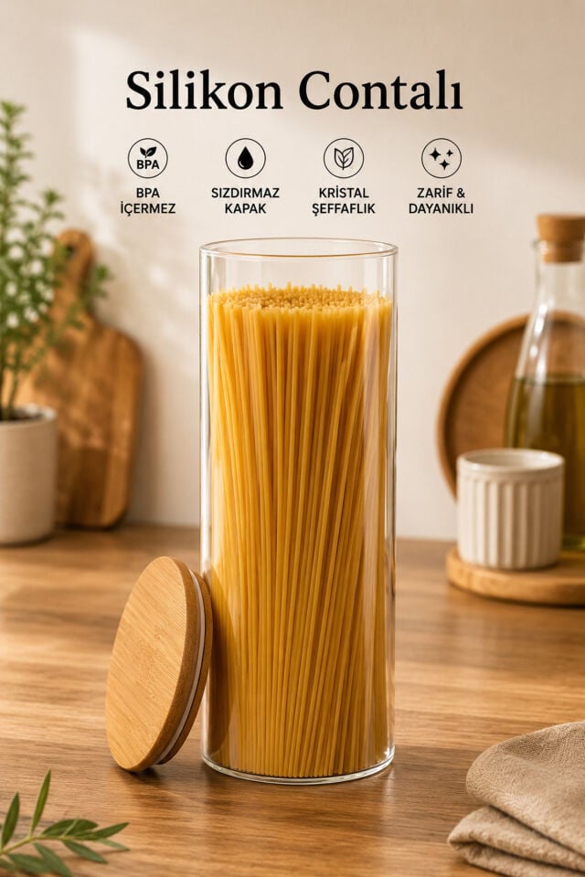 Porsima 12'li Bambu Ahşap Kapaklı Cam Kavanoz Seti – 2100 ml, 1650 ml, 1300 ml, 750 ml Erzak & Baharatlık