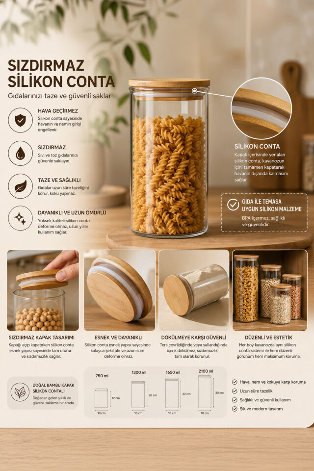 Porsima 12'li Bambu Ahşap Kapaklı Cam Kavanoz Seti – 2100 ml, 1650 ml, 1300 ml, 750 ml Erzak & Baharatlık