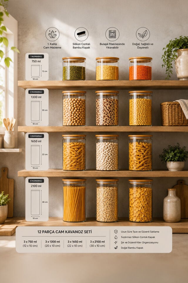 Porsima 12'li Bambu Ahşap Kapaklı Cam Kavanoz Seti – 2100 ml, 1650 ml, 1300 ml, 750 ml Erzak & Baharatlık