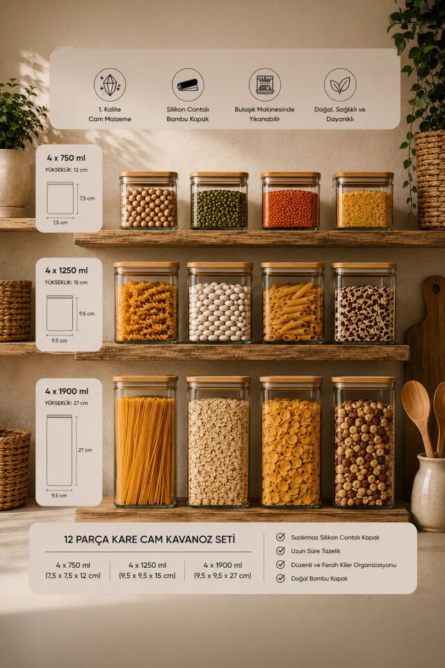 Porsima 12'li Kare Bambu Ahşap Kapaklı Cam Kavanoz Seti – 1900 ml, 1250 ml, 750 ml Erzak & Baharatlık