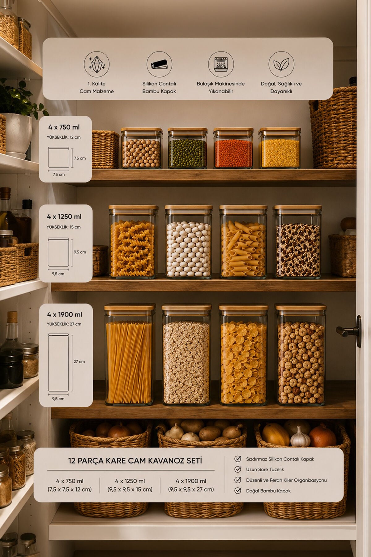 Porsima 12'li Kare Bambu Ahşap Kapaklı Cam Kavanoz Seti – 1900 ml, 1250 ml, 750 ml Erzak & Baharatlık