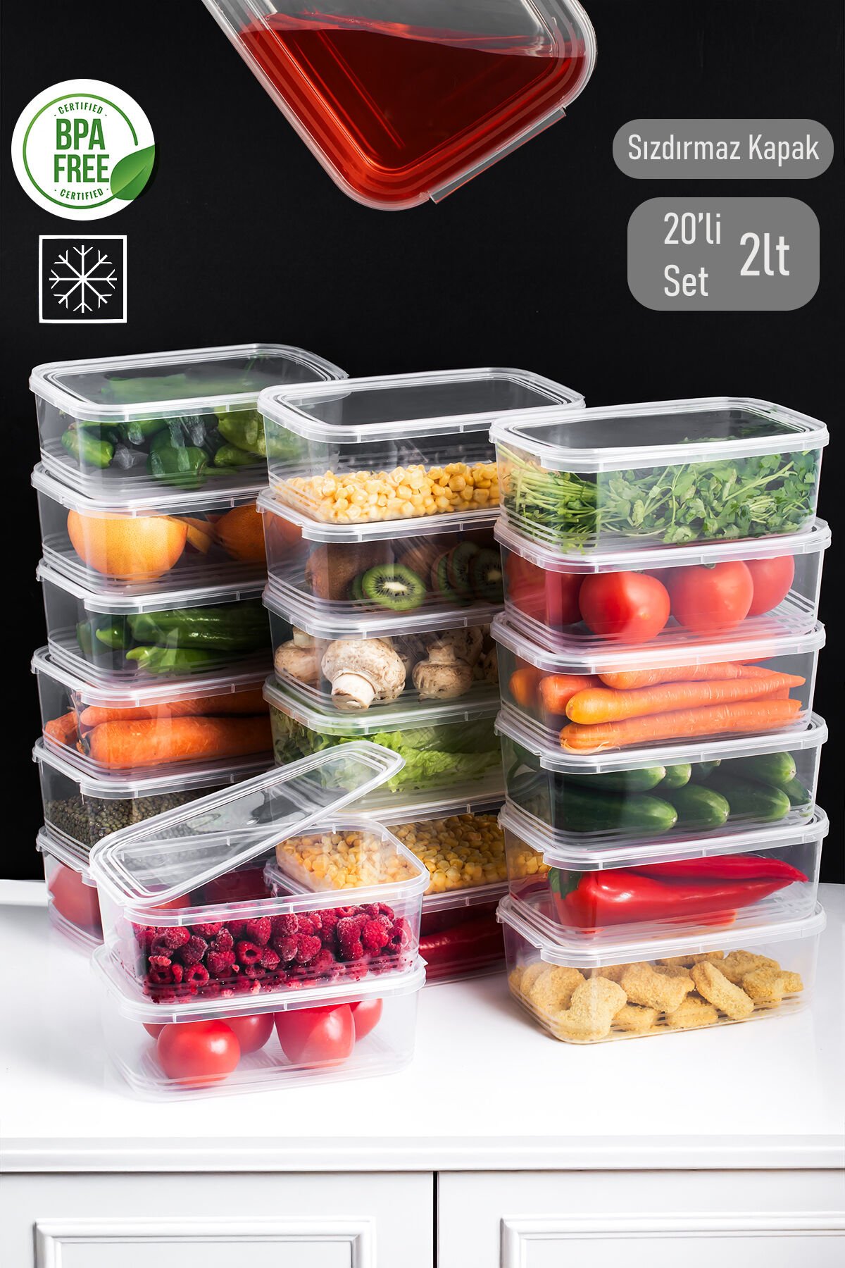 Porsima 4302 20'li Buzluk Düzenleyici Saklama Kabı Kendinden Kapaklı Derin Dondurucu Saklama Kabı 2Lt Şeffaf