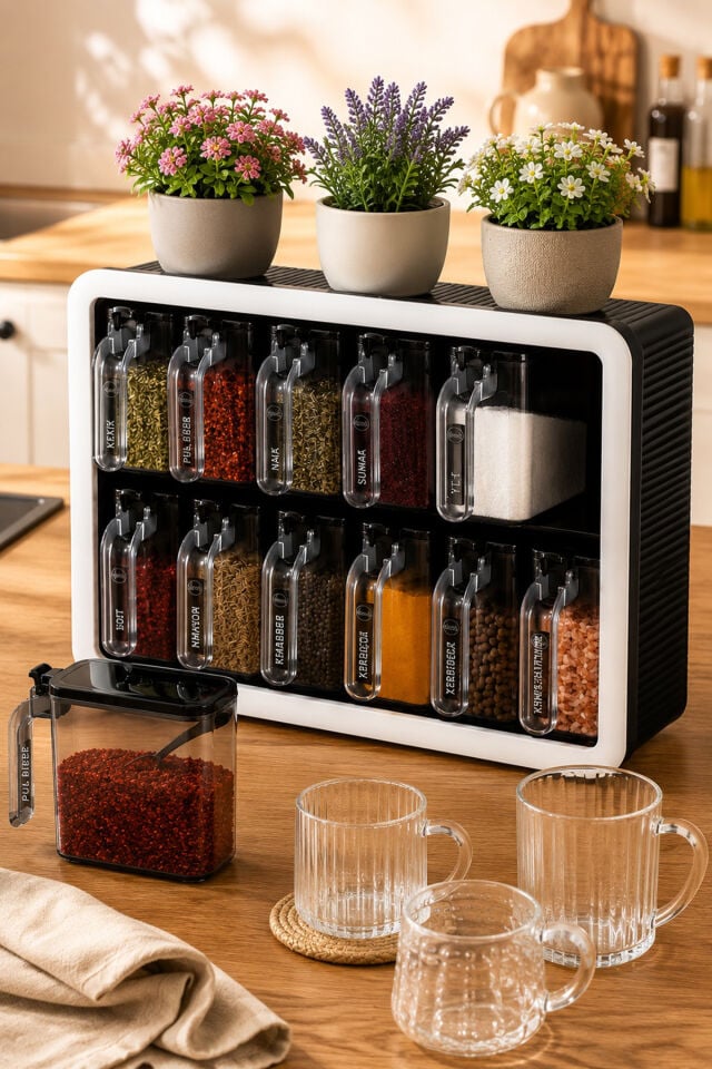 Porsima 0440 Premium Standlı 12 Li Kendinden Yapışkanlı Kaşıklı Kapaklı Baharatlık Takımı - Siyah Beyaz