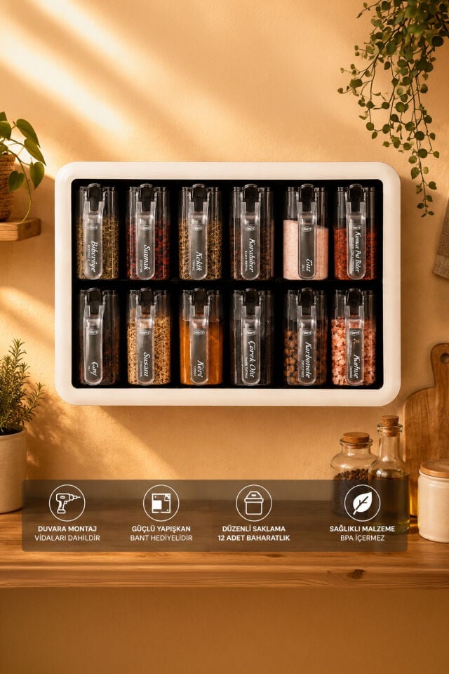 Porsima 0440 Premium Standlı 12 Li Kendinden Yapışkanlı Kaşıklı Kapaklı Baharatlık Takımı - Siyah Beyaz