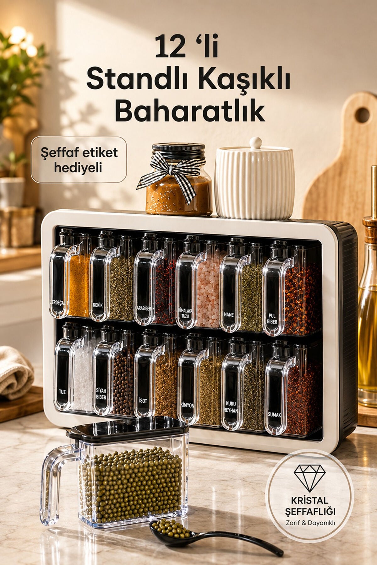 Porsima 0440 Premium Standlı 12 Li Kendinden Yapışkanlı Kaşıklı Kapaklı Baharatlık Takımı - Siyah Beyaz