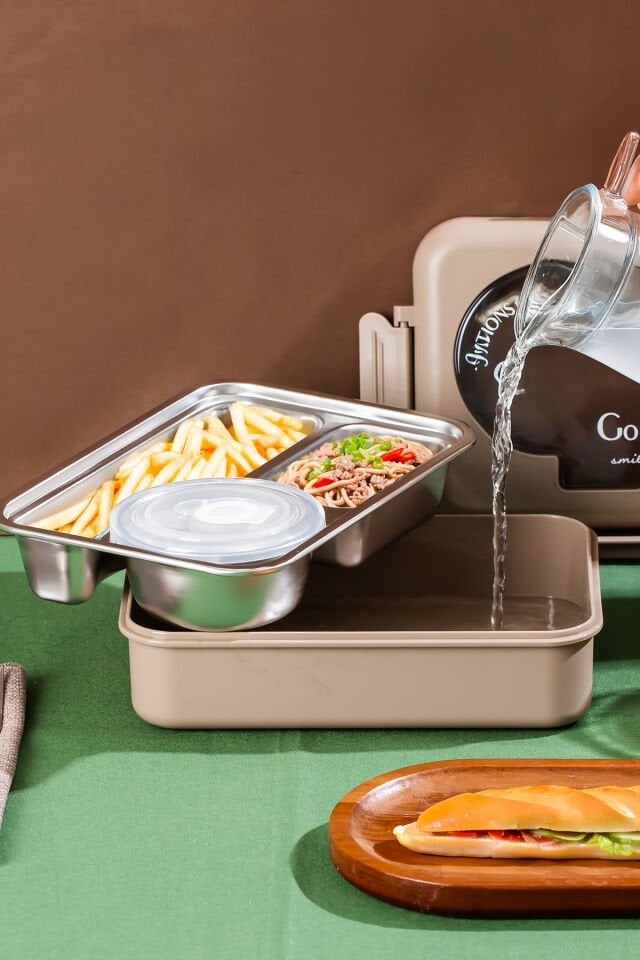Porsima 3011-1 Paslanmaz Çelik 3 Bölmeli Vakumlu Yemek Termosu Beslenme Kutusu Taşınabilir Lunch Box Sefer Tası - krem