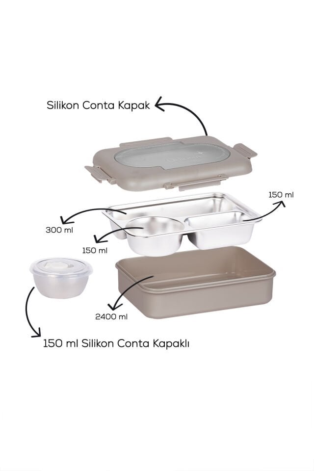 Porsima 3011-1 Paslanmaz Çelik 3 Bölmeli Vakumlu Yemek Termosu Beslenme Kutusu Taşınabilir Lunch Box Sefer Tası - krem
