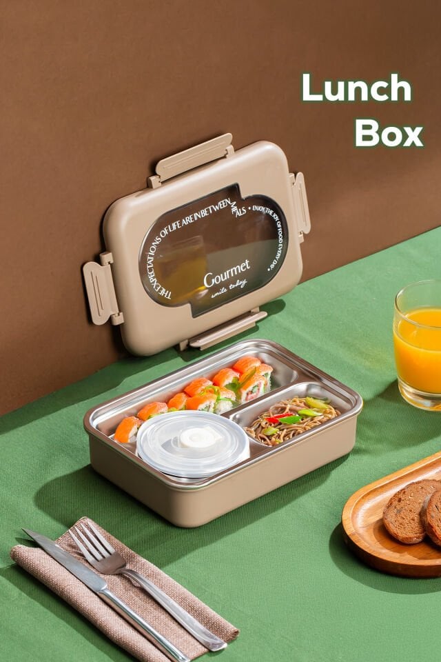 Porsima 3011-1 Paslanmaz Çelik 3 Bölmeli Vakumlu Yemek Termosu Beslenme Kutusu Taşınabilir Lunch Box Sefer Tası - krem
