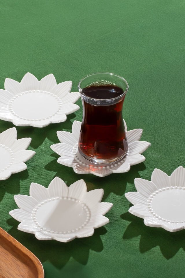 Porsima 2338 Güneş Motifli 6lı Porselen Çay Tabağı Seti Beyaz - 11,5cm