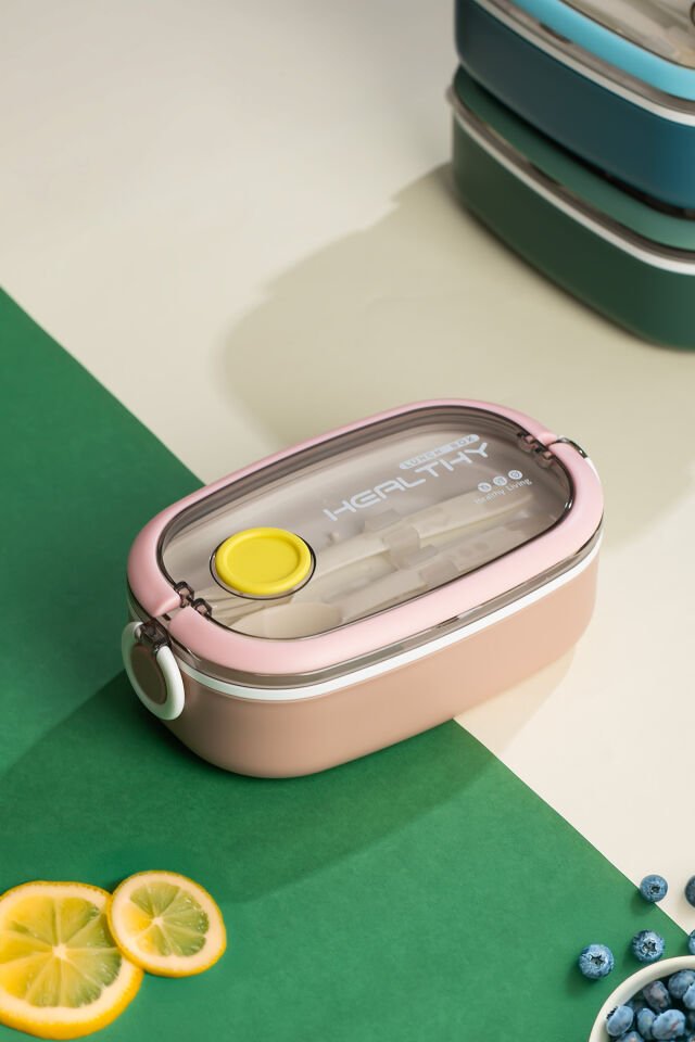 Posima 3114 Stainless Steel Vakumlu Lunch Box Tek Katlı Paslanmaz Çelik Kolay Kilitlenir Kendinden Kaşıklı Sefer Tası – 750ml Pembe
