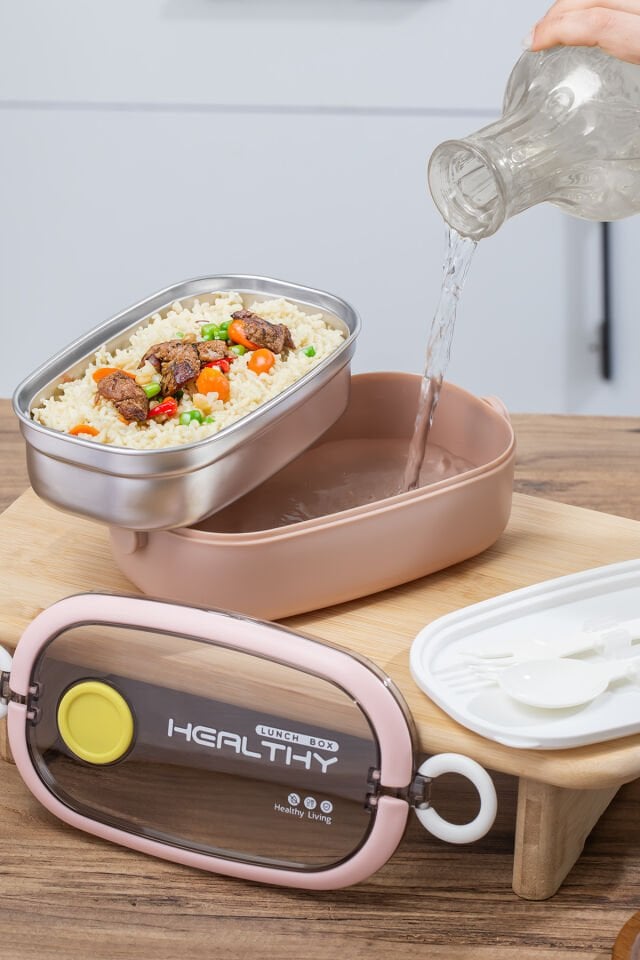 Posima 3114 Stainless Steel Vakumlu Lunch Box Tek Katlı Paslanmaz Çelik Kolay Kilitlenir Kendinden Kaşıklı Sefer Tası – 750ml Pembe