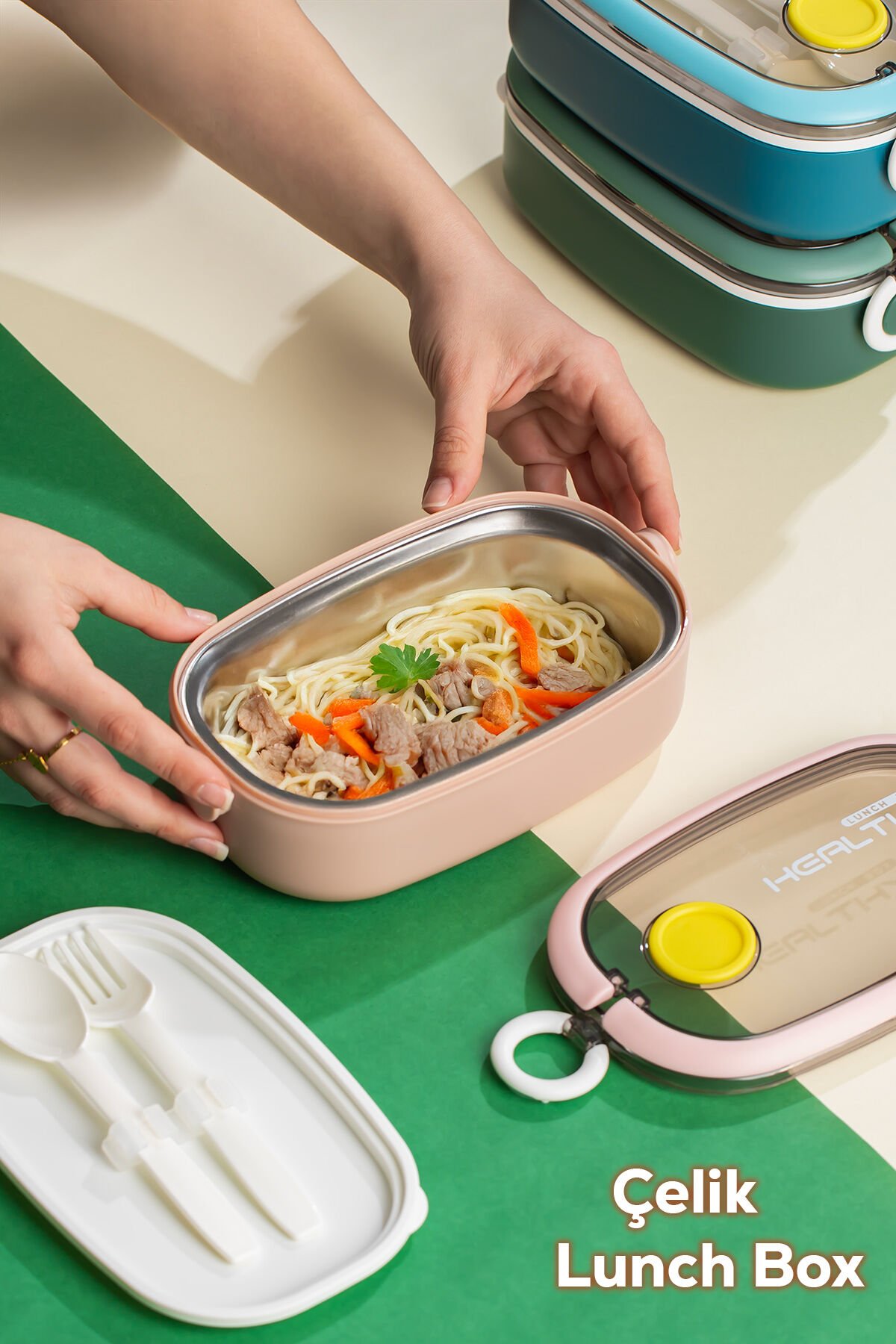 Posima 3114 Stainless Steel Vakumlu Lunch Box Tek Katlı Paslanmaz Çelik Kolay Kilitlenir Kendinden Kaşıklı Sefer Tası – 750ml Pembe