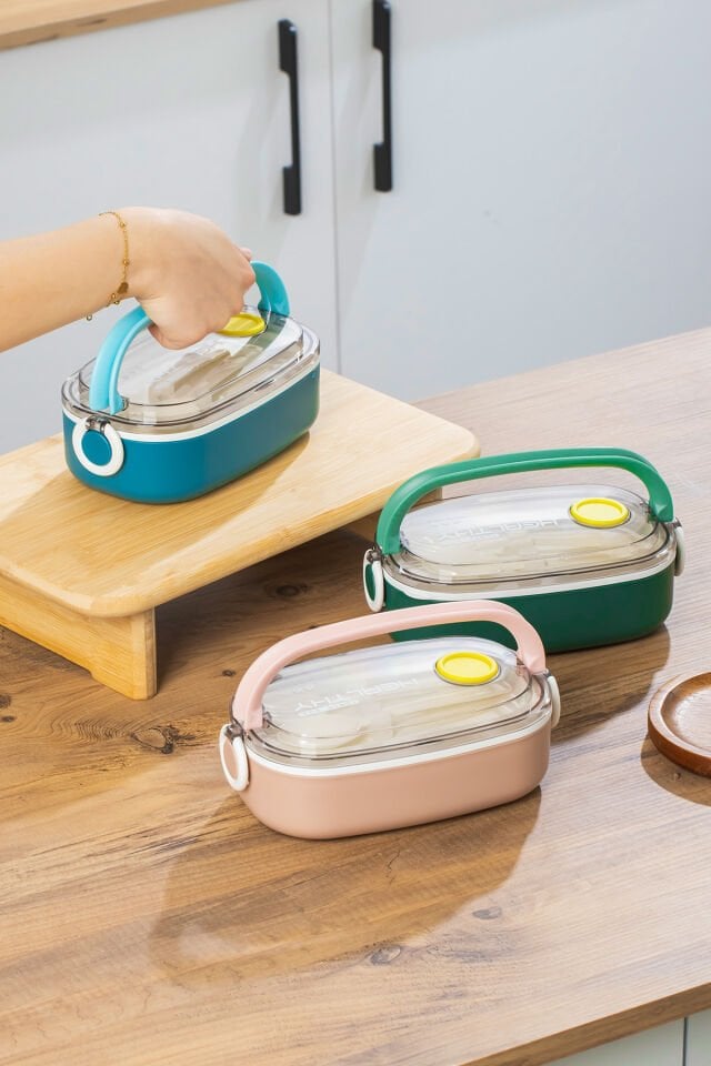 Posima 3114-1 Stainless Steel Vakumlu Lunch Box Tek Katlı Paslanmaz Çelik Kolay Kilitlenir Kendinden Kaşıklı Sefer Tası – 750ml Mavi