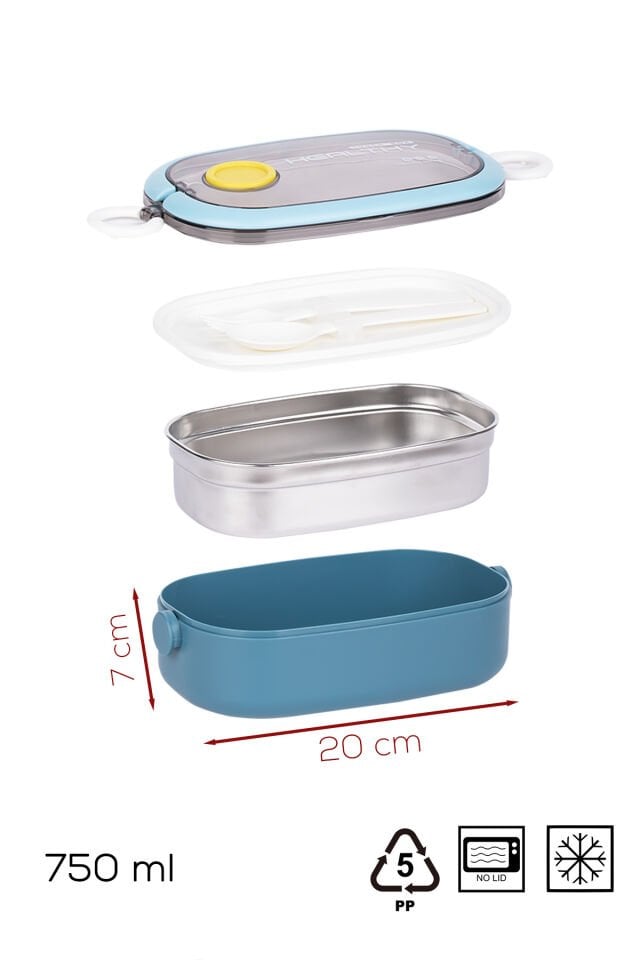 Posima 3114-1 Stainless Steel Vakumlu Lunch Box Tek Katlı Paslanmaz Çelik Kolay Kilitlenir Kendinden Kaşıklı Sefer Tası – 750ml Mavi