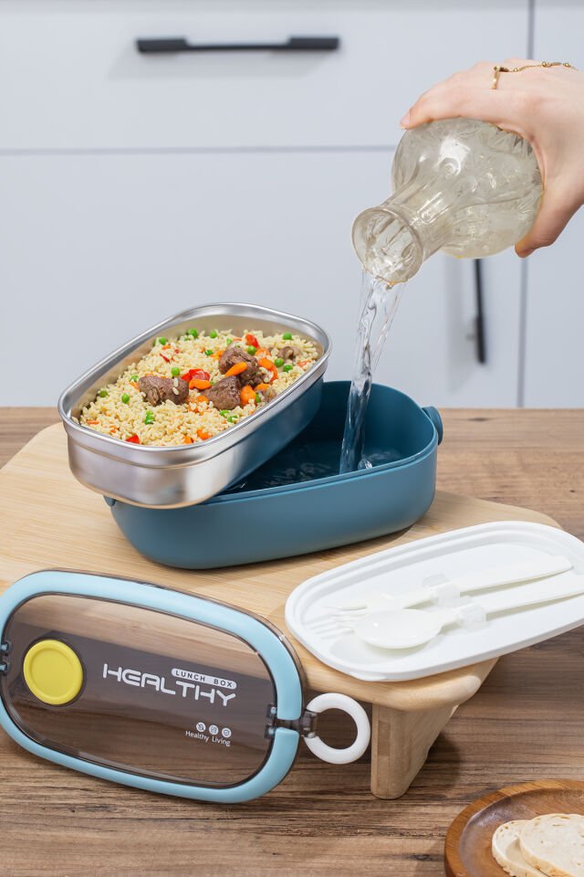 Posima 3114-1 Stainless Steel Vakumlu Lunch Box Tek Katlı Paslanmaz Çelik Kolay Kilitlenir Kendinden Kaşıklı Sefer Tası – 750ml Mavi