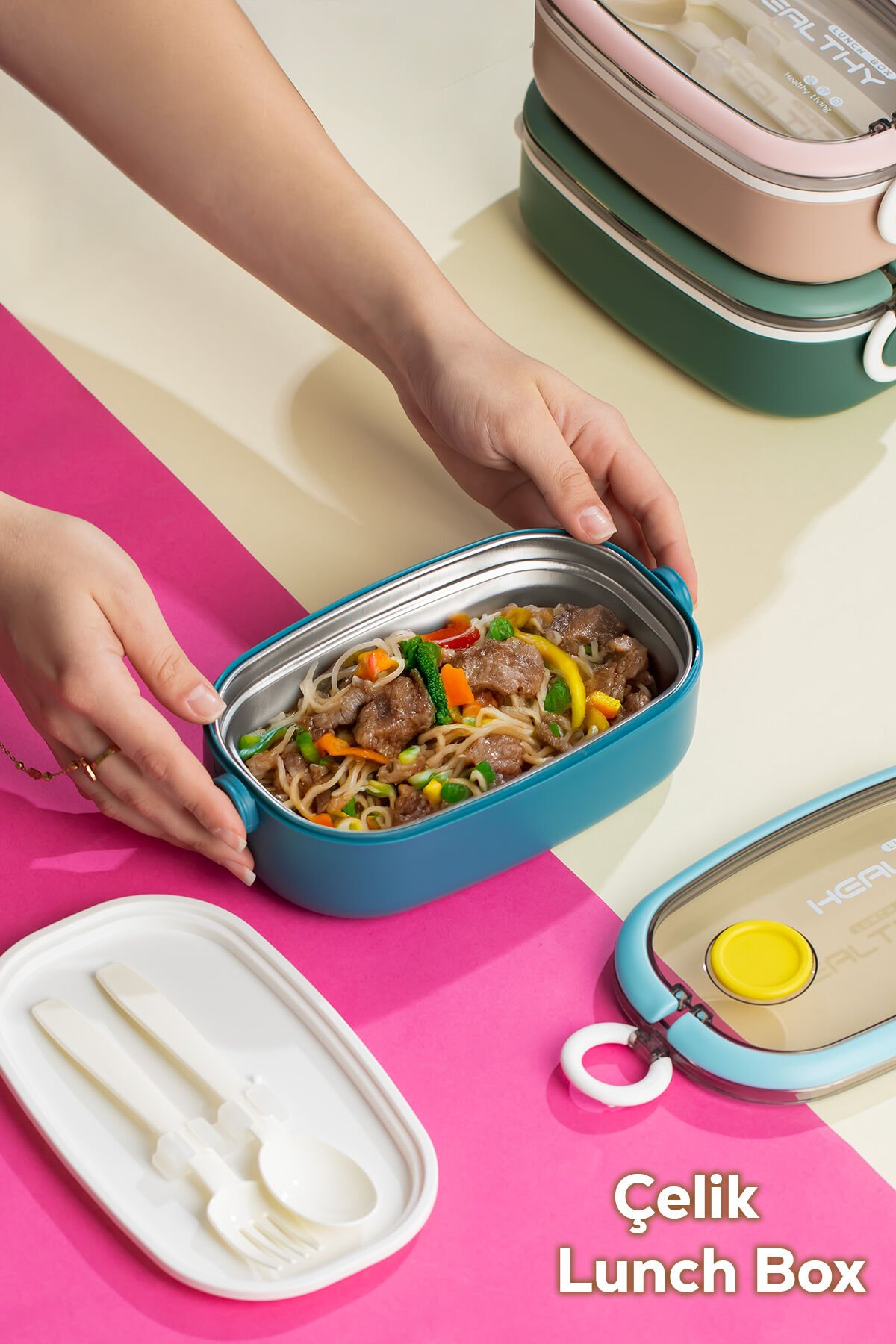 Posima 3114-1 Stainless Steel Vakumlu Lunch Box Tek Katlı Paslanmaz Çelik Kolay Kilitlenir Kendinden Kaşıklı Sefer Tası – 750ml Mavi