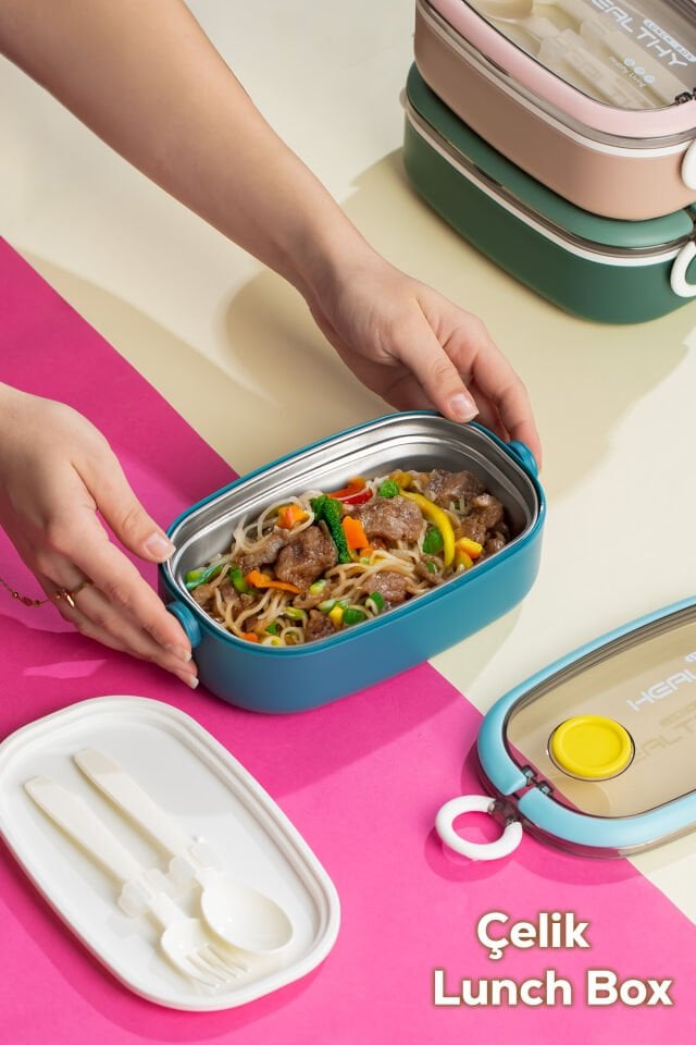 Posima 3114-1 Stainless Steel Vakumlu Lunch Box Tek Katlı Paslanmaz Çelik Kolay Kilitlenir Kendinden Kaşıklı Sefer Tası – 750ml Mavi